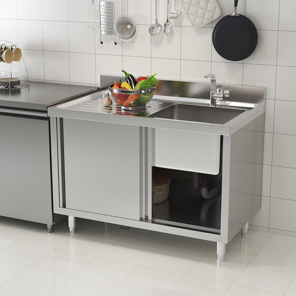 Commercial Sink Stainless Steel Kitchen Work Bench Sliding Door Storage Cabinet