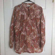 Charter Club Woman Orange Paisley Popover Blouse Women Size M