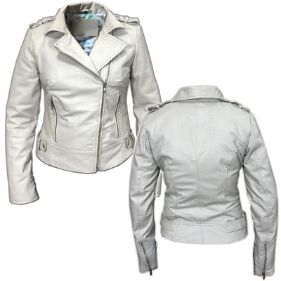 DAMEN ECHTLEDER GÜRTEL BOMBER BIKER SCHMALE PASSFORM JACKE AUS WEISS