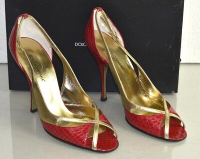 NEW Dolce & Gabbana Snakeskin PYTHON Pumps Leather Red Gold Cut Out Shoes 40