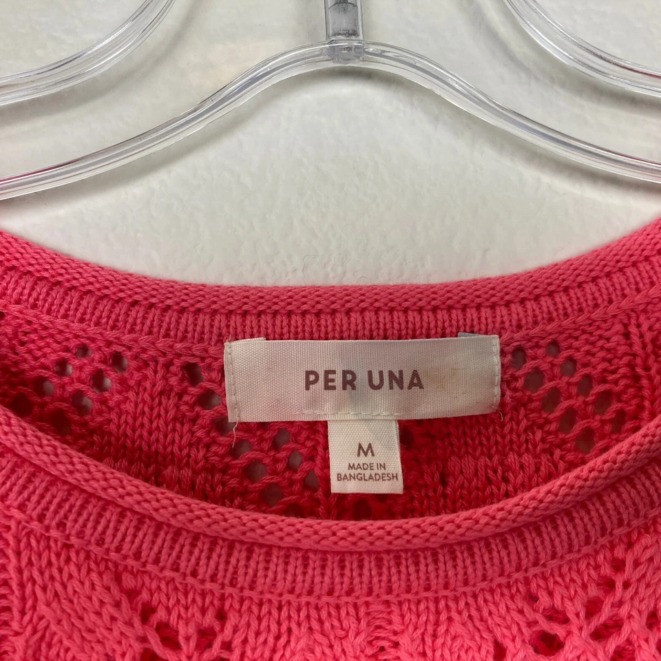 M&S Per Una Open Knit Sweater Women's US S UK M Pink Coral Cotton Short Sleeves - Image 4 of 4