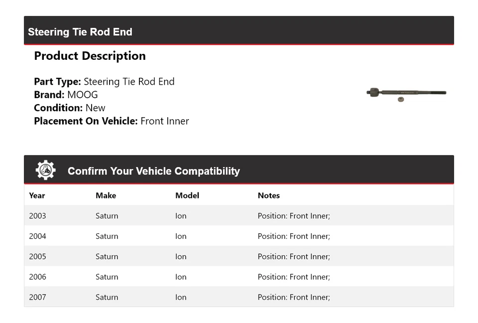 Barra de amarre interior delantera para Saturn Ion 2003-2007 MOOG 2003 2004 2005 Foto 2 de 4