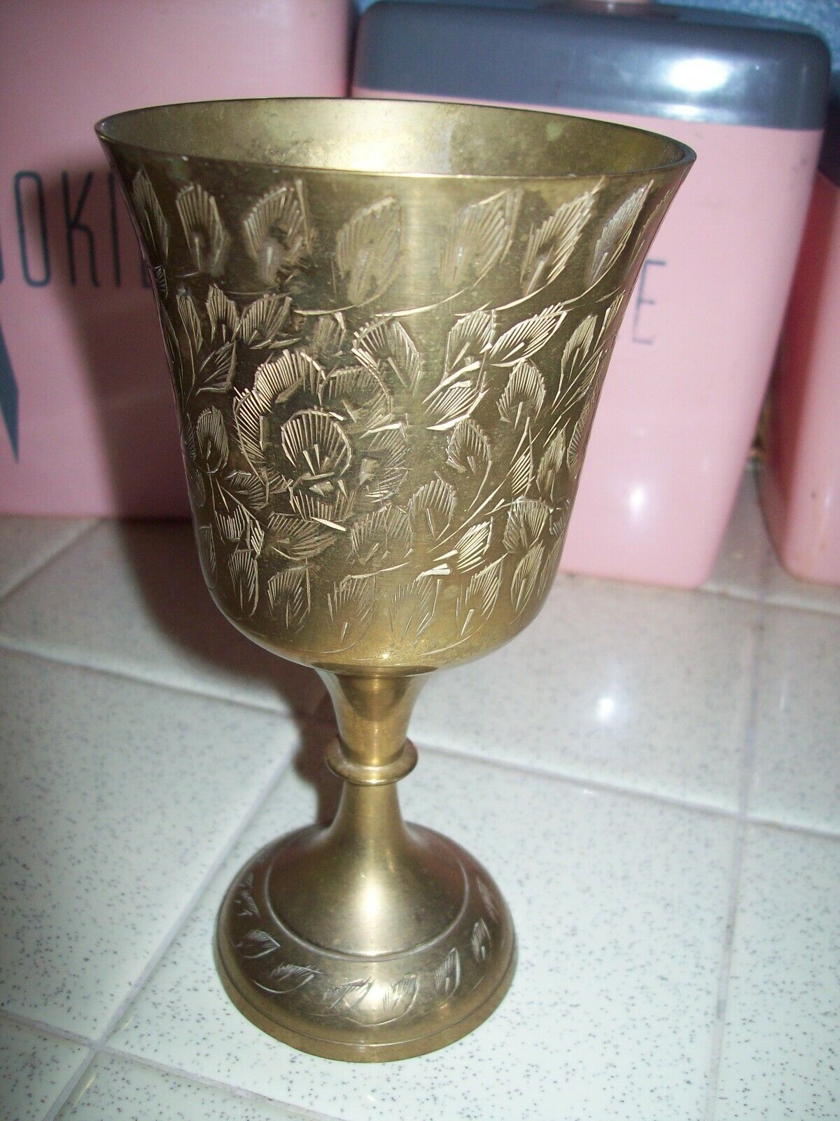 Vintage 50s 60s W.G.C India Ornate Etched Brass Wine Goblet Challis