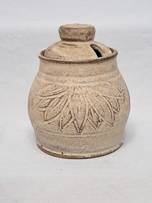 Artisan Crafted Pottery Honey Pot Jar Beige Sunflowers w/Lid 5 x 4'' Vintage
