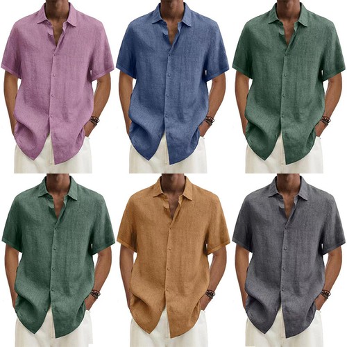 Mens Linen Cotton T-Shirt Plain Casual Short Sleeve Button Summer Tee Tops ❈ ⓧ - Picture 5 of 17