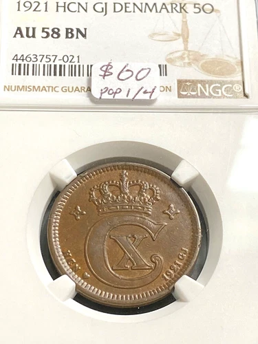 1921 HCN GJ Denmark 5 Ore NGC AU58 Great Color Looks Uncirc. CHRC