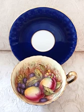Antique Aynsley Orchard Fruit Cobalt Blue Tea Cup & Saucer Set Bone China Englan