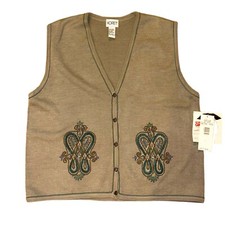NWT Koret Vintage Wool Blend Vest Women  s Embroidered Tan Sweater Grandma Core