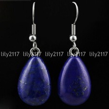 Natural 13x18mm Egyptian Blue Lapis Lazuli Gemstone Silver Hook Dangle Earrings