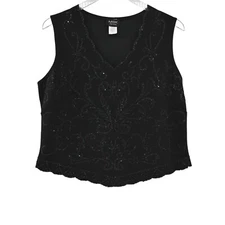 Vtg Beaded Top Womens Size PL Petite Sleeveless Black Sleeveless Tank Blouse MSK