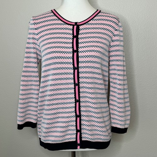 TALBOTS Cardigan Sweater LG Pink Navy White Stripes Dots Crew Preppy Spring