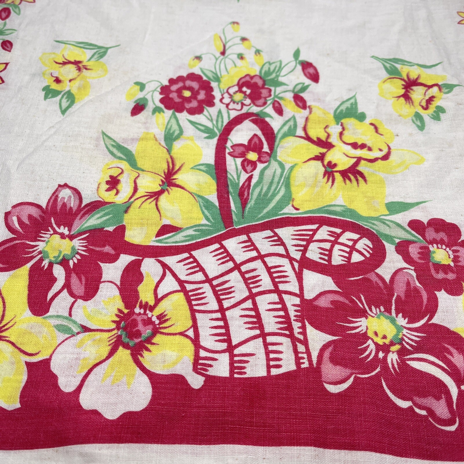 Linen Dresser Scarf Daffodil Basket Floral Red Yellow Vintage eBay