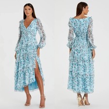 Mac Duggal 55880 Blue Puff Sleeve Floral Printed Dress Size 10