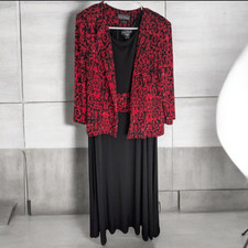 Jessica Howard 2-Pc Skirt Suit Jacket Dress 16 Black/Red Floral Long Sleeve