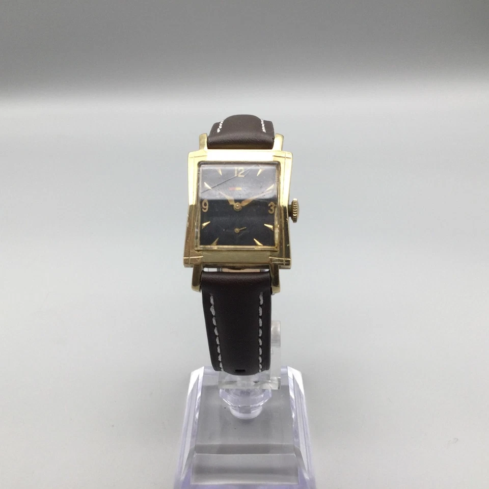 Reloj Benrus Hombre Vintage Oro 14K 24mm Esfera Negra Correa Cuero Marrón Cuerda Manual Foto 3 de 4