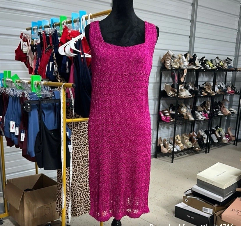 NUEVO Vestido Guess XL Fucsia Rosa Caliente Metálico Crochet Encaje Año Nuevo Neón Foto 3 de 4