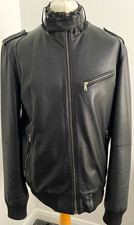 ZARA MAN Black Leather Bomber Jacket Zip Stand-Up Collar Pockets Mens XL