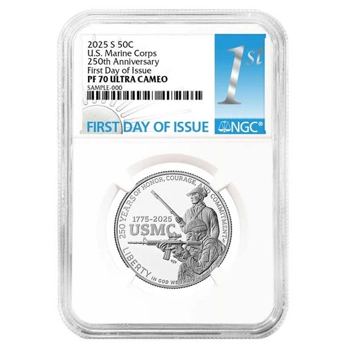 2025-S 50c Proof Clad  U.S. Marine Corps 250th Anniv. Commem. NGC PF70UC FDI
