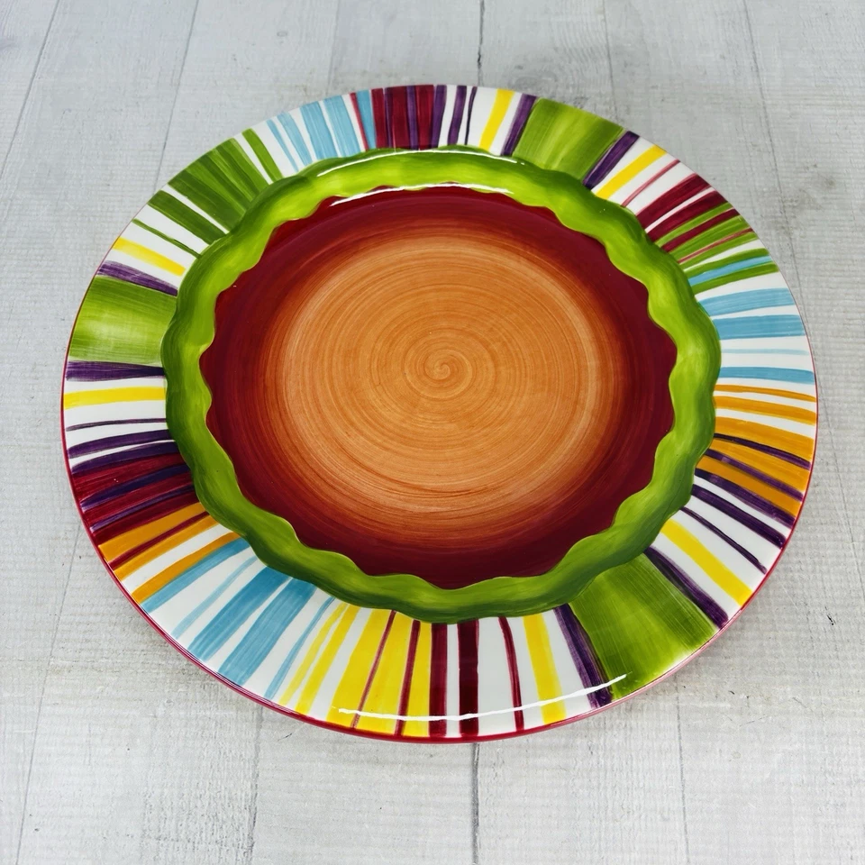 Noble Excellence MUY CALIENTE Colorful Rim Stripe Earthenware Dinner Plate Set 4 - Image 4 of 4