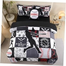 6 Pcs Full Bedding Set for Boys, Baseball Sports Bedding Full Full-6cs Black