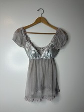 Fredricks of Hollywood Women s M Babydoll Gray Satin Mesh Lingerie Top Y2K Vtg
