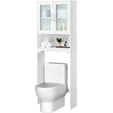 Over The Toilet Storage Cabinet with Double Tempered Glass Door Adjustable Shelf
