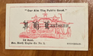 1800s illustrated business card, member Stoneham Maine Fire Department