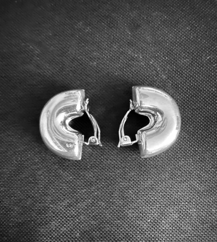 Vintage 925 Sterling Silver Half Circle Hoop Puff Chunky Earrings -Clip on -15gr