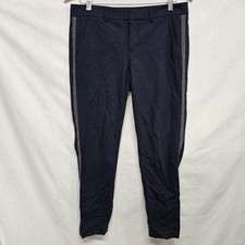 Vince Double Side Strapping Trousers Size 8 Womens Navy Blue Gray Tuxedo Stripe