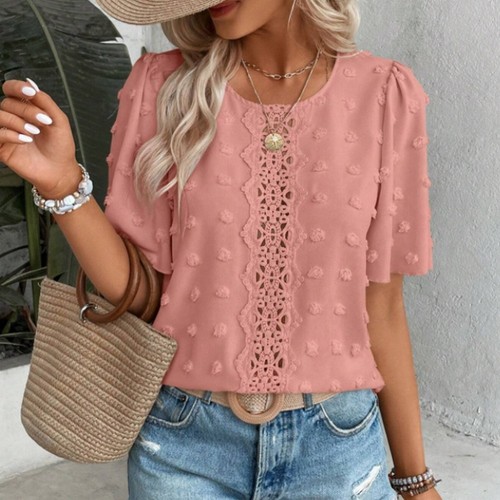 Simple Design Lace Round Neck Breathable Blouse Easy To Match Loose Fit - Picture 24 of 72