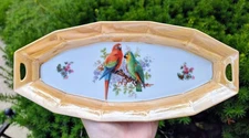 Vintage Porcelain Floral & Birds Motifs Trinket Tray Opalescent Gold Border