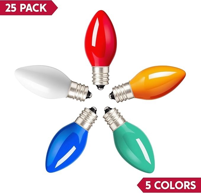 25 Pack C7 LED Multicolor Christmas Replacement Light Bulbs, Colored Christmas L