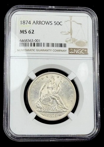 1874 seated liberty half dollar arrows Ms62 NGC BRIGHT WHITE
