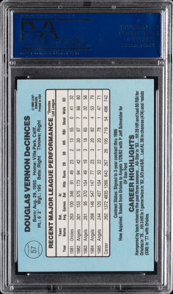 1986 DONRUSS #57 DOUG DECINCES PSA 10 - Image 2 of 2