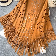 Femme Boho Faux Daim Frange Poncho Cardigan Ample Cape Manteau Gland Cow-Boy