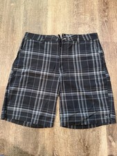 O'Neill Men s Black/Gray Plaid Chino Shorts Flat Front Pockets Zip Logo
