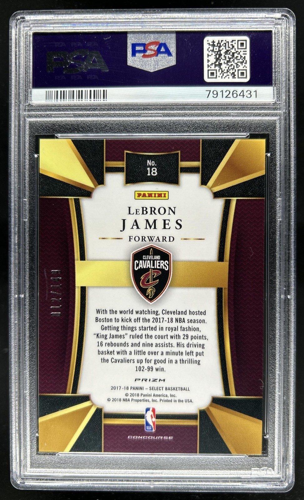 2017-18 Panini Select LeBron James White Prizm Concourse #/149 Cavaliers PSA 10 view 2