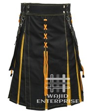 Scottish Fashion Kilt Hybrid Utility Kilt Men Handmade Sports Black Yellow Kilt