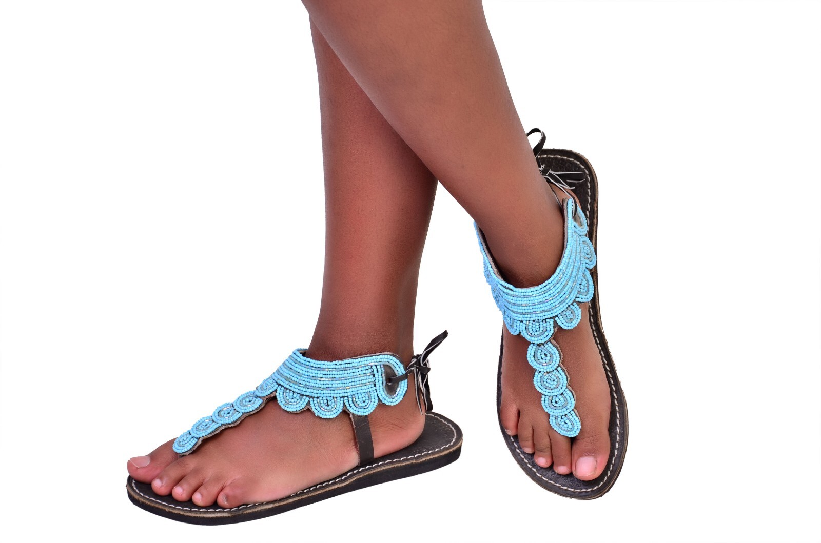 Beaded Women African Gladiator Sandals Bohemian Summer Leather Masai Kenyan Blue