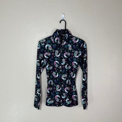 Chemise Hobby Horse Femme – XL, Paillettes, Spectacle équestre – Bleu Velours Noir