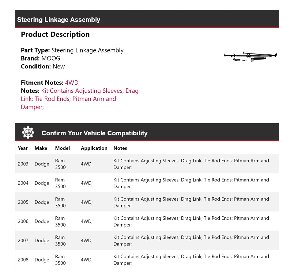 Conjunto de acoplamiento de dirección MOOG 2003 2004 2005 4x4 2003-2008 Dodge Ram 3500 Foto 2 de 4