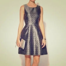 NEW NWT PIM LARKIN Lena Brocade Dress Black Silver Chevron Fit Flare Party Small