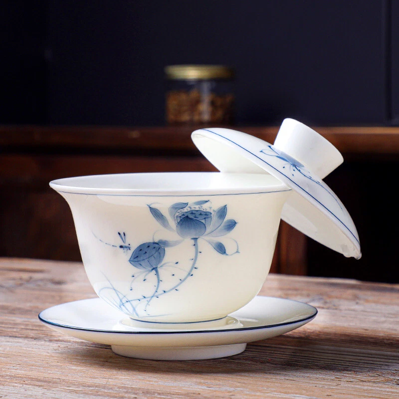 Porcelana pintada a mano Gaiwan Blanco China Tureen Sancai Tazón Taza Platillo Tapa 200 ml Foto 3 de 4