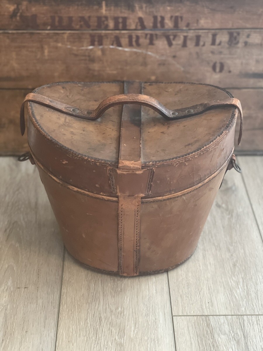 Rare Antique Leather Top Hat Box Victorian Brown Travel Red