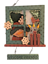 Wood Snowman In Window Welcome Friends Wall Hanging Decor Winter