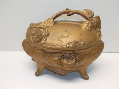 Vtg Art Deco Gold Gilt Rose and Vine Hinged Lid Lined Dresser Box Vanity Jewelry