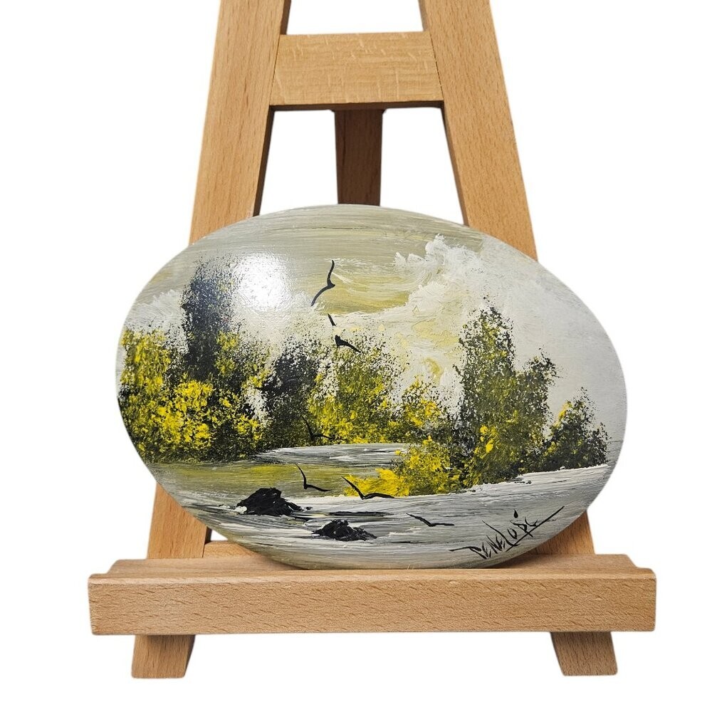 Vintage Acrylic on Plaster Oval Landscape painting - Signed by Artist - Cool Art