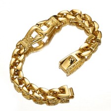 Polished Stainless Steel Gothic 18K Gold Tone Cuban Chain Link Men's Bracelet