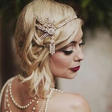1920's Flapper Headband Leaf Rhiestones Headpiece Pearl Tassel Headdress Bride W