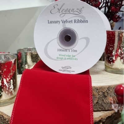 VELVET RIBBON GREEN/RED/BURGUNDY WIRED EDGE 100MM x 10M FESTIVE DECOR XMAS EVENT